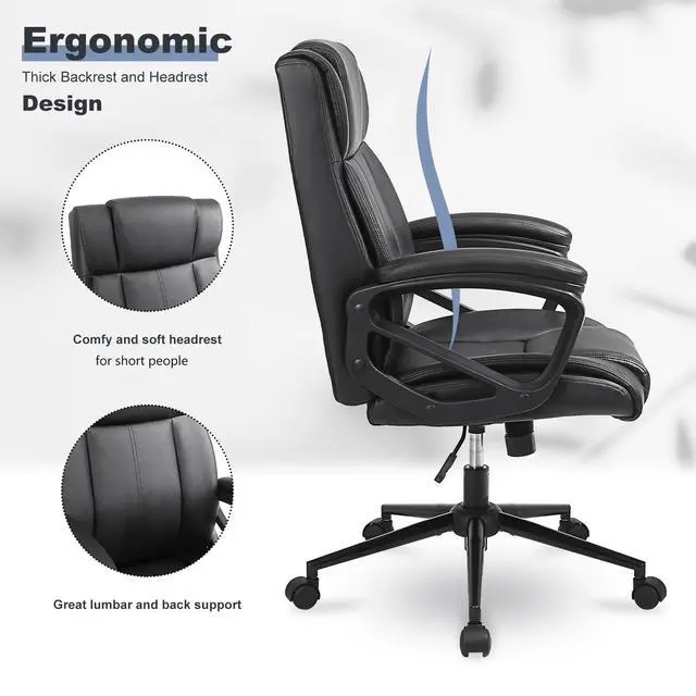 Alt view image 6 of 7 - Ergonomic Executive Office Chair Set of 1, PU Leather, Black | Thick Padded Armrests, Computer Chair with Lumbar Support,Comfy and Soft Cushion, Height Adjustable, 360° Swivel Desk Chair