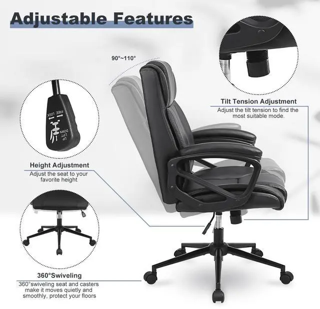 Alt view image 7 of 7 - Ergonomic Executive Office Chair Set of 1, PU Leather, Black | Thick Padded Armrests, Computer Chair with Lumbar Support,Comfy and Soft Cushion, Height Adjustable, 360° Swivel Desk Chair
