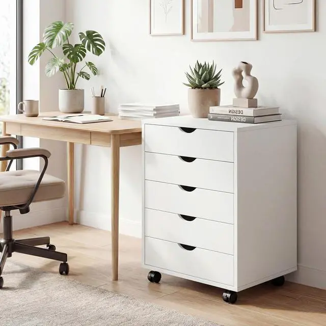 Alt view image 2 of 7 - Mobile File Cabinet Under Desk, 5 Drawer Storage Organization | Printer Stand with Wheels, Vertical Filing Chest Rolling Wood Small Desk Printer Stand for Home Office, Living Room, White