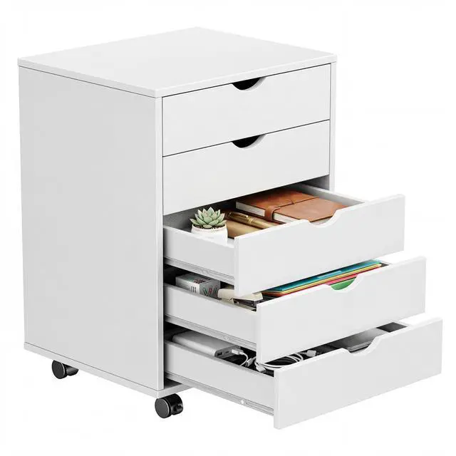 Main image of Mobile File Cabinet Under Desk, 5 Drawer Storage Organization | Printer Stand with Wheels, Vertical Filing Chest Rolling Wood Small Desk Printer Stand for Home Office, Living Room, White