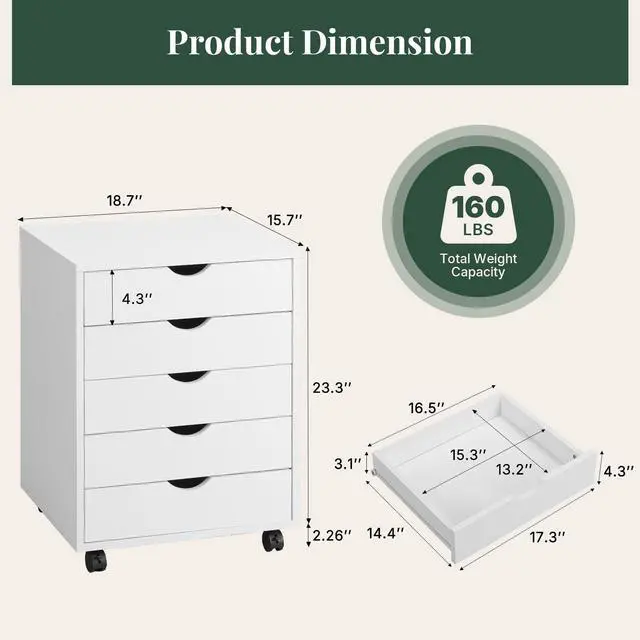 Alt view image 3 of 7 - Mobile File Cabinet Under Desk, 5 Drawer Storage Organization | Printer Stand with Wheels, Vertical Filing Chest Rolling Wood Small Desk Printer Stand for Home Office, Living Room, White