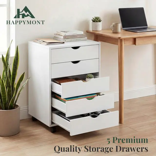 Alt view image 5 of 7 - Mobile File Cabinet Under Desk, 5 Drawer Storage Organization | Printer Stand with Wheels, Vertical Filing Chest Rolling Wood Small Desk Printer Stand for Home Office, Living Room, White