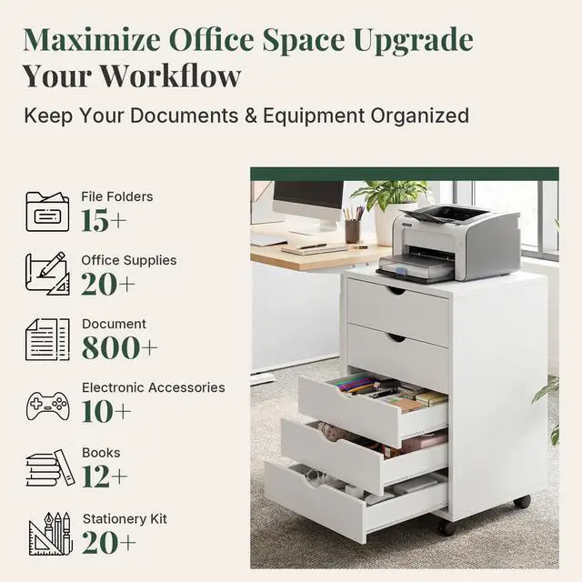 Alt view image 6 of 7 - Mobile File Cabinet Under Desk, 5 Drawer Storage Organization | Printer Stand with Wheels, Vertical Filing Chest Rolling Wood Small Desk Printer Stand for Home Office, Living Room, White