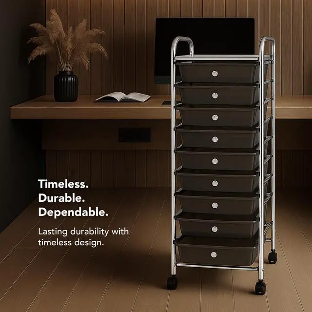 Alt view image 4 of 7 - Display By Jack Rolling Storage Cart 10 Drawer Organizer with Black Drawers, Slim 36" Chrome Frame, Locking Wheels, and Top Shelf for Office, Classroom, Bathroom, or Craft Storage