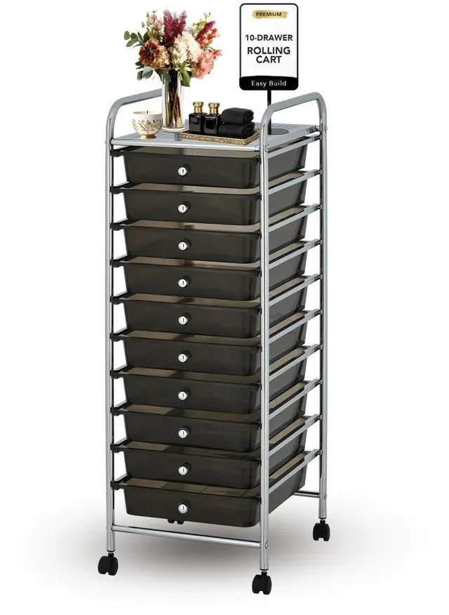 Main image of Display By Jack Rolling Storage Cart 10 Drawer Organizer with Black Drawers, Slim 36" Chrome Frame, Locking Wheels, and Top Shelf for Office, Classroom, Bathroom, or Craft Storage