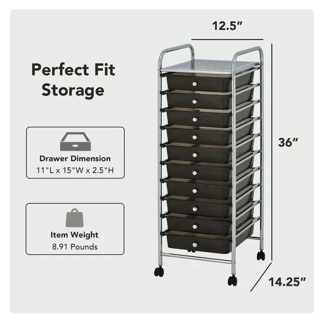 Alt view image 2 of 7 - Display By Jack Rolling Storage Cart 10 Drawer Organizer with Black Drawers, Slim 36" Chrome Frame, Locking Wheels, and Top Shelf for Office, Classroom, Bathroom, or Craft Storage