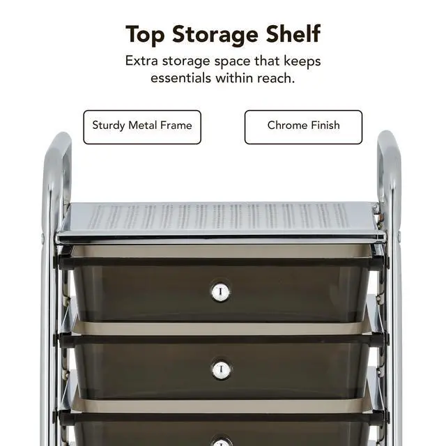 Alt view image 6 of 7 - Display By Jack Rolling Storage Cart 10 Drawer Organizer with Black Drawers, Slim 36" Chrome Frame, Locking Wheels, and Top Shelf for Office, Classroom, Bathroom, or Craft Storage