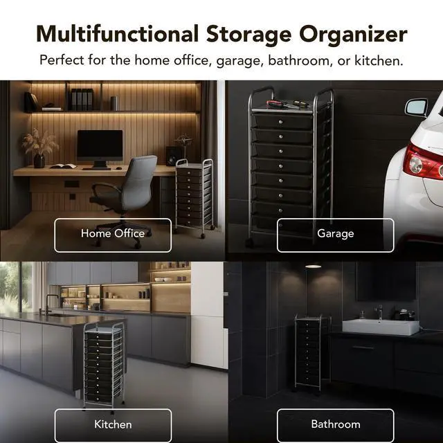 Alt view image 7 of 7 - Display By Jack Rolling Storage Cart 10 Drawer Organizer with Black Drawers, Slim 36" Chrome Frame, Locking Wheels, and Top Shelf for Office, Classroom, Bathroom, or Craft Storage