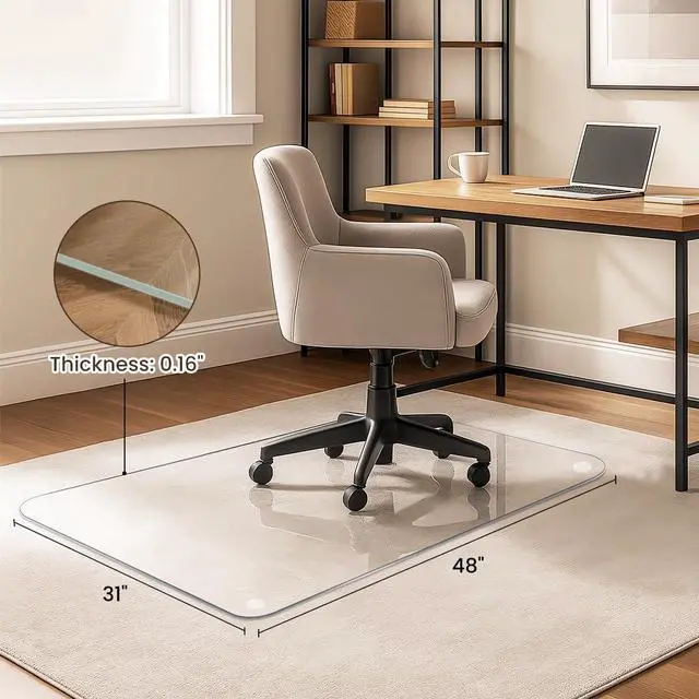 Alt view image 2 of 7 - Heavy-Duty Tempered Glass Chair Mat, 31 x 48 Inch Large Office Floor Mat for Carpet or Hardwood Floors, 1/5" Thick with 12 Anti-Slip Pads