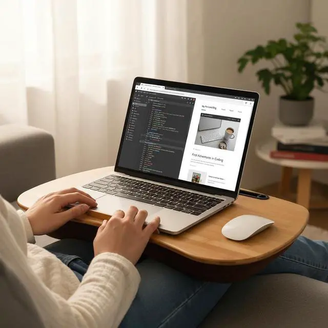 Alt view image 2 of 7 - Lap Desk for Laptop with Cushion-Fits up to 18 inch, Bamboo Computer Laptop Stand with Phone Hoder, Anti-Slip Stopper