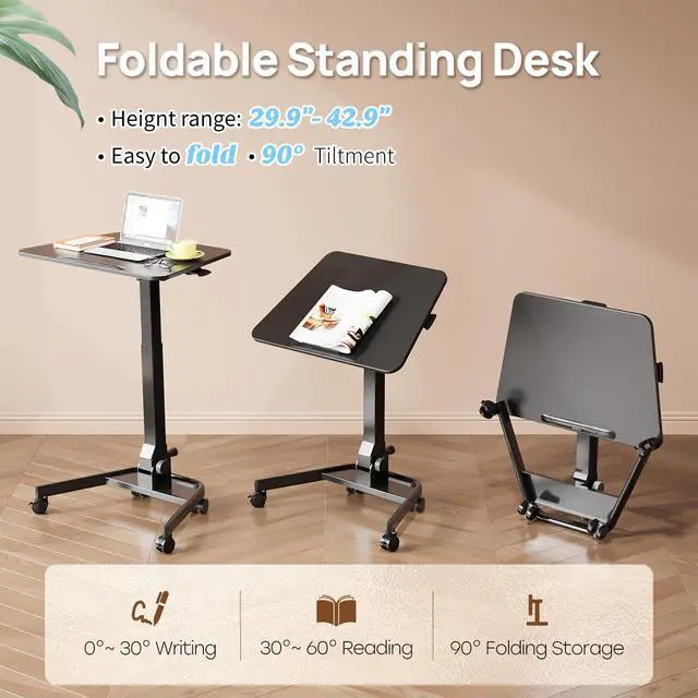 Alt view image 3 of 7 - Foldable Mobile Standing Desk, Rolling Laptop Cart, Black | 29.9"-42.9" Height Adjustment, Easy to Fold, Portable Standing Desk on Wheels, Folding Desk for Compact Space