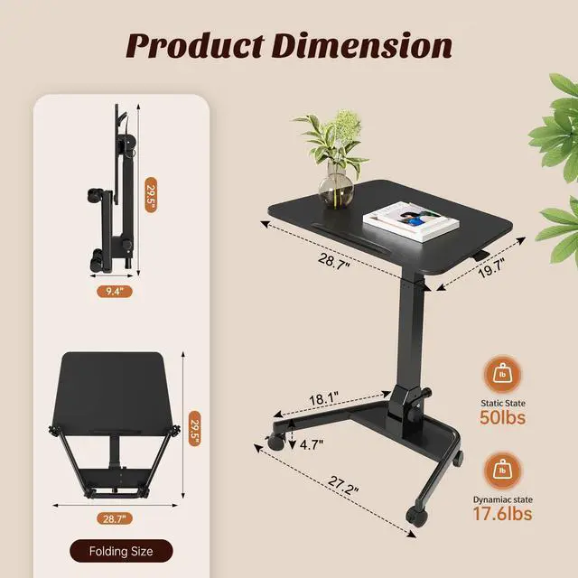 Alt view image 2 of 7 - Foldable Mobile Standing Desk, Rolling Laptop Cart, Black | 29.9"-42.9" Height Adjustment, Easy to Fold, Portable Standing Desk on Wheels, Folding Desk for Compact Space