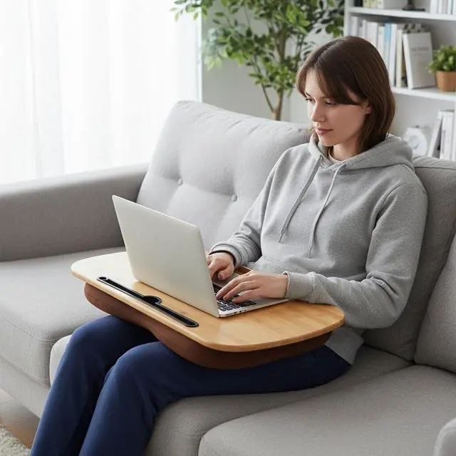Alt view image 6 of 7 - Lap Desk for Laptop with Cushion-Fits up to 18 inch, Bamboo Computer Laptop Stand with Phone Hoder, Anti-Slip Stopper