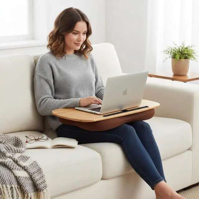 Alt view image 4 of 7 - Lap Desk for Laptop with Cushion-Fits up to 18 inch, Bamboo Computer Laptop Stand with Phone Hoder, Anti-Slip Stopper