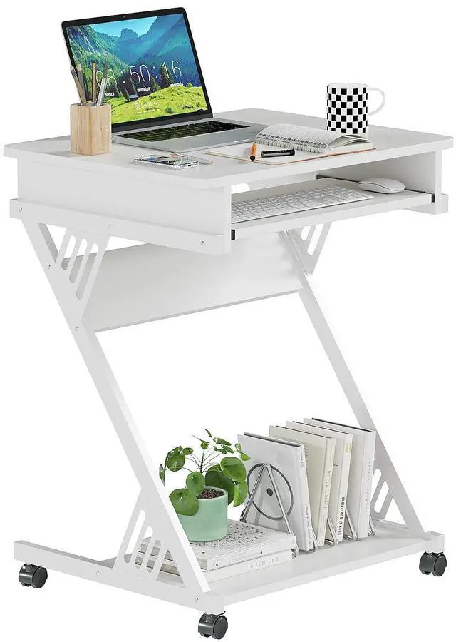 Main image of 2 Tier Computer Desk with Keyboard Tray, 23.6" Home Office Desk Computer Workstation Rolling Study PC Laptop Table for Small Spaces,Z-Shaped Small Compact Study Table,White