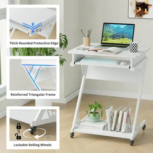 Alt view image 4 of 7 - 2 Tier Computer Desk with Keyboard Tray, 23.6" Home Office Desk Computer Workstation Rolling Study PC Laptop Table for Small Spaces,Z-Shaped Small Compact Study Table,White
