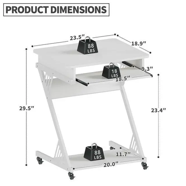 Alt view image 3 of 7 - 2 Tier Computer Desk with Keyboard Tray, 23.6" Home Office Desk Computer Workstation Rolling Study PC Laptop Table for Small Spaces,Z-Shaped Small Compact Study Table,White