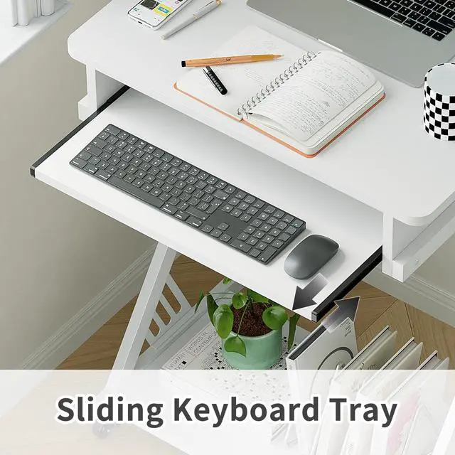 Alt view image 6 of 7 - 2 Tier Computer Desk with Keyboard Tray, 23.6" Home Office Desk Computer Workstation Rolling Study PC Laptop Table for Small Spaces,Z-Shaped Small Compact Study Table,White