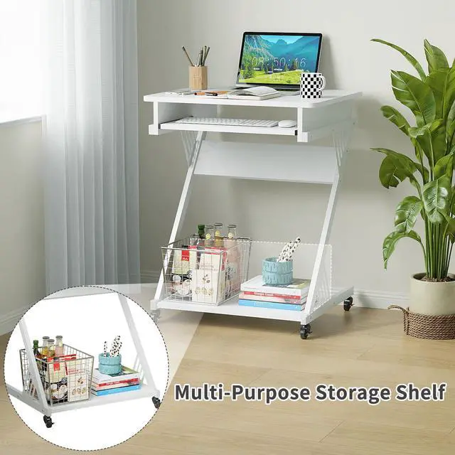 Alt view image 7 of 7 - 2 Tier Computer Desk with Keyboard Tray, 23.6" Home Office Desk Computer Workstation Rolling Study PC Laptop Table for Small Spaces,Z-Shaped Small Compact Study Table,White