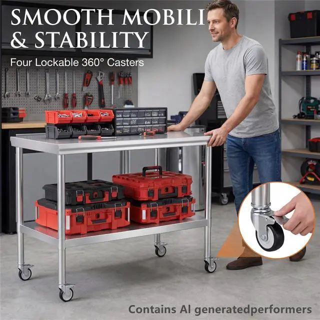 Alt view image 2 of 7 - Stainless Steel Prep Table 24x60 with Wheels, Heavy Duty Work Table | lbs heavy duty table: top 600lbs, shelf 400lbs. Roomy prep table with storage for pots, appliances & food prep
