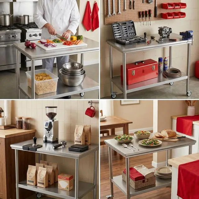 Alt view image 3 of 7 - Stainless Steel Pulley Workbench with Casters, Commercial Heavy-Duty Workbench and Preparation Table with Lower Shelf, Suitable for Restaurant Kitchens, Outdoor BBQs, and Garages (24 * 48Inch)