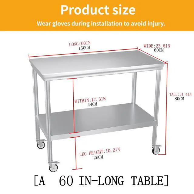 Alt view image 7 of 7 - Stainless Steel Prep Table 24x60 with Wheels, Heavy Duty Work Table | lbs heavy duty table: top 600lbs, shelf 400lbs. Roomy prep table with storage for pots, appliances & food prep