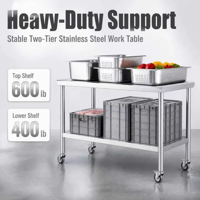 Alt view image 5 of 7 - Stainless Steel Prep Table 24x60 with Wheels, Heavy Duty Work Table | lbs heavy duty table: top 600lbs, shelf 400lbs. Roomy prep table with storage for pots, appliances & food prep