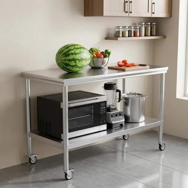 Alt view image 3 of 7 - Stainless Steel Prep Table 24x60 with Wheels, Heavy Duty Work Table | lbs heavy duty table: top 600lbs, shelf 400lbs. Roomy prep table with storage for pots, appliances & food prep