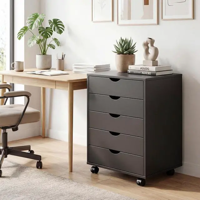 Alt view image 2 of 7 - Mobile File Cabinet Under Desk, 5 Drawer Storage Organization | Printer Stand with Wheels, Vertical Filing Chest Rolling Wood Small Desk Printer Stand for Home Office, Living Room, Black