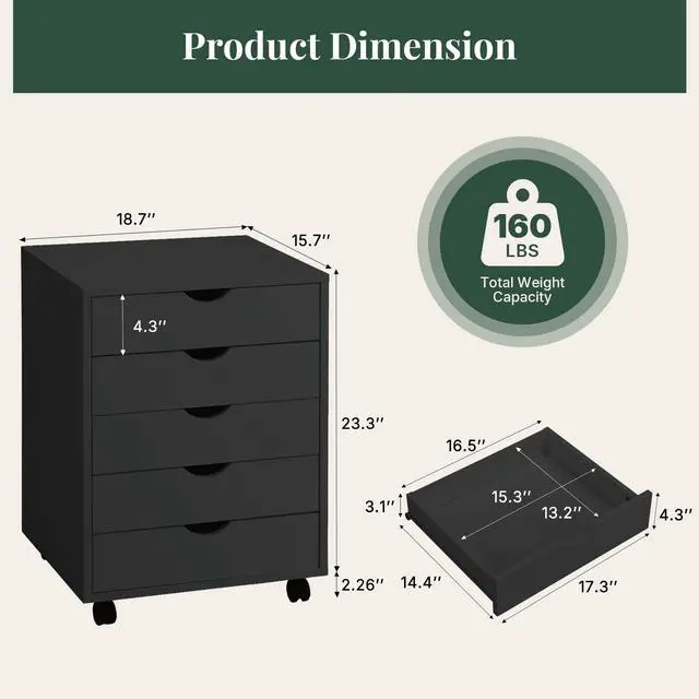Alt view image 3 of 7 - Mobile File Cabinet Under Desk, 5 Drawer Storage Organization | Printer Stand with Wheels, Vertical Filing Chest Rolling Wood Small Desk Printer Stand for Home Office, Living Room, Black