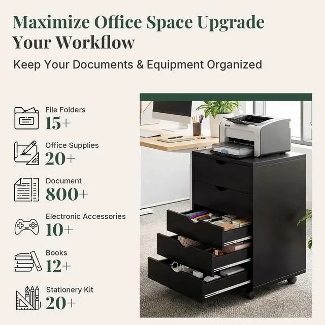 Alt view image 5 of 7 - Mobile File Cabinet Under Desk, 5 Drawer Storage Organization | Printer Stand with Wheels, Vertical Filing Chest Rolling Wood Small Desk Printer Stand for Home Office, Living Room, Black