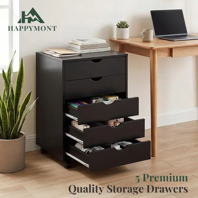 Alt view image 7 of 7 - Mobile File Cabinet Under Desk, 5 Drawer Storage Organization | Printer Stand with Wheels, Vertical Filing Chest Rolling Wood Small Desk Printer Stand for Home Office, Living Room, Black