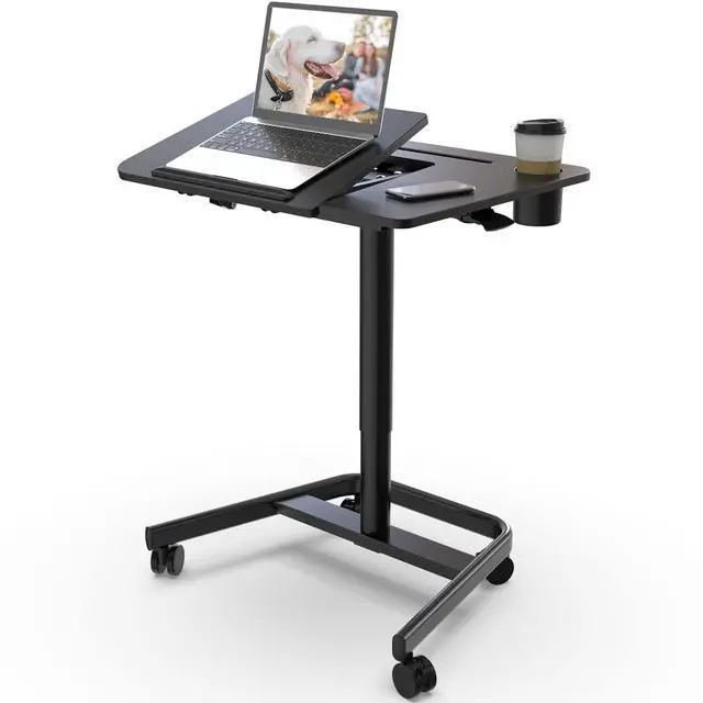 Main image of Rolling Standing Desk, 60° Tiltable Mobile Laptop Desk, Black | Pneumatic Height Adjustable Cart, Portable Stand Up Desk with Wheels & Cup Holder for Office Home School, Holds Up to 22lbs