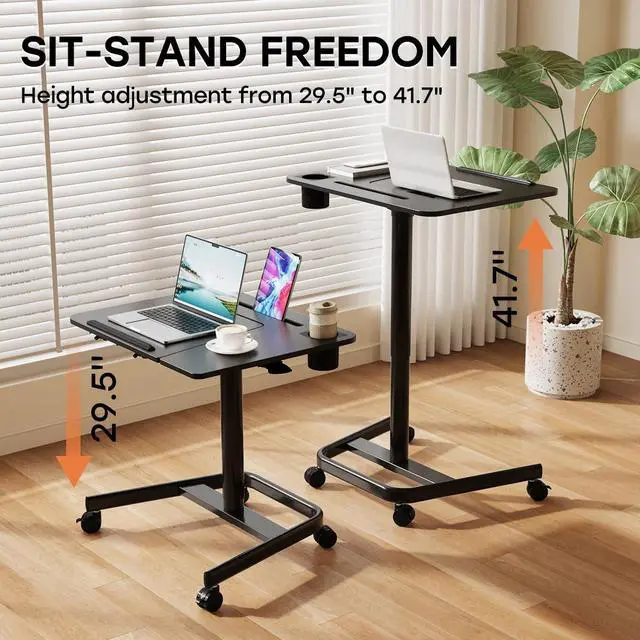 Alt view image 4 of 7 - Rolling Standing Desk, 60° Tiltable Mobile Laptop Desk, Black | Pneumatic Height Adjustable Cart, Portable Stand Up Desk with Wheels & Cup Holder for Office Home School, Holds Up to 22lbs