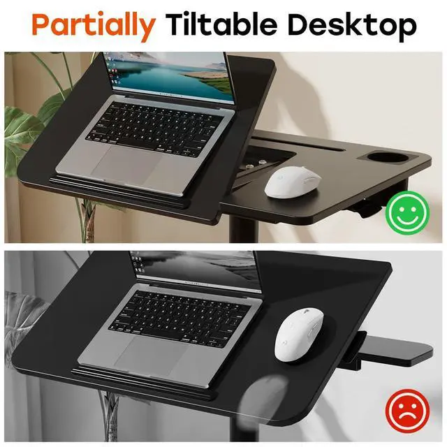 Alt view image 3 of 7 - Rolling Standing Desk, 60° Tiltable Mobile Laptop Desk, Black | Pneumatic Height Adjustable Cart, Portable Stand Up Desk with Wheels & Cup Holder for Office Home School, Holds Up to 22lbs