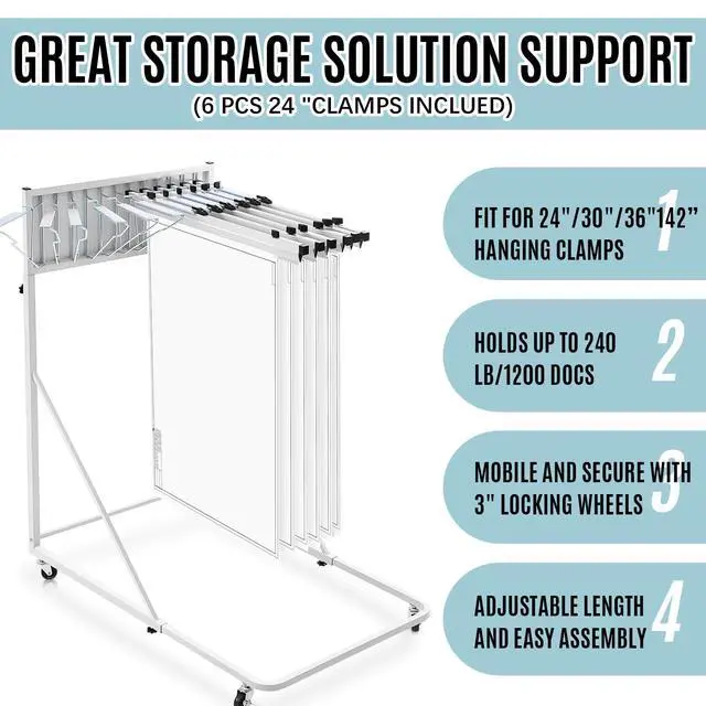 Alt view image 4 of 7 - Mobile Blueprint Holder Rack, Adjustable Mobile Blueprint Holder with 6 30 In Hanging Clamps 4 Wheels Poster Display Rack Storage Organizer Stand for File Display Plan Office Home(Silver)
