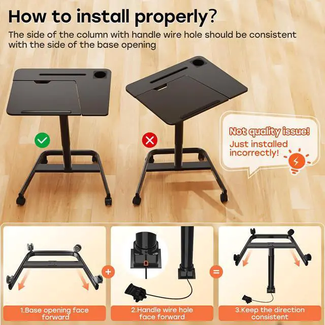 Alt view image 6 of 7 - Rolling Standing Desk, 60° Tiltable Mobile Laptop Desk, Black | Pneumatic Height Adjustable Cart, Portable Stand Up Desk with Wheels & Cup Holder for Office Home School, Holds Up to 22lbs