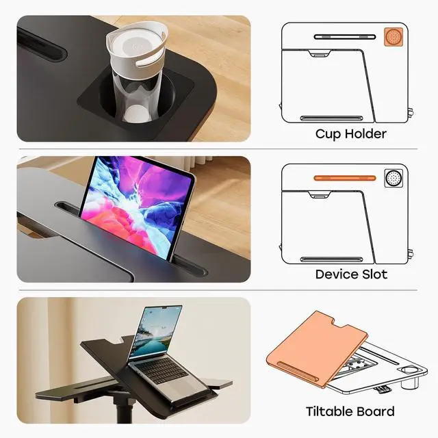 Alt view image 7 of 7 - Rolling Standing Desk, 60° Tiltable Mobile Laptop Desk, Black | Pneumatic Height Adjustable Cart, Portable Stand Up Desk with Wheels & Cup Holder for Office Home School, Holds Up to 22lbs