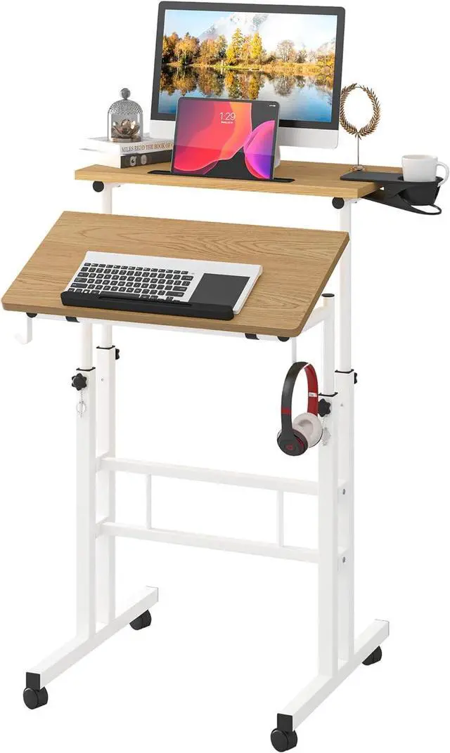 Main image of Small Standing Desk with Removable Cup Holder, Height Adjustable Mobile Laptop Stand on Wheels, Ergonomic Rolling Computer Workstation for Home Office, Portable Overbed Table for Couch & Bed, Khaki