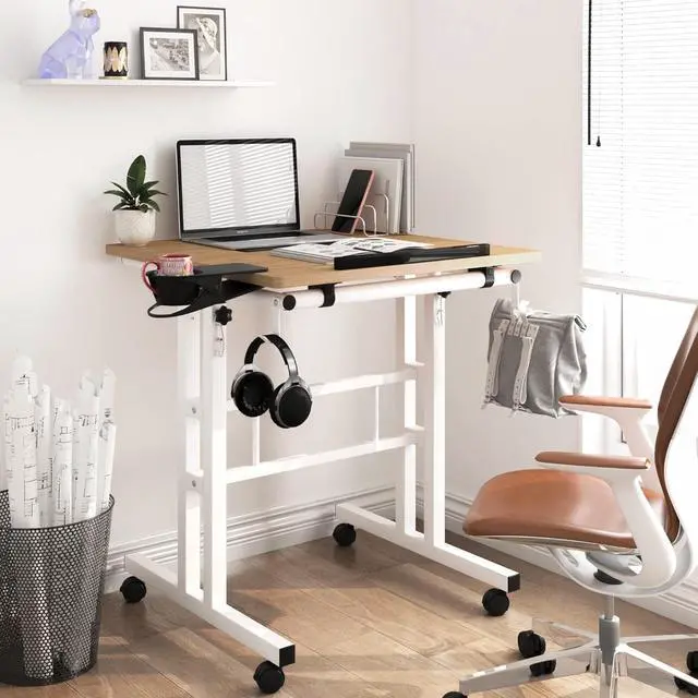 Alt view image 2 of 7 - Small Standing Desk with Removable Cup Holder, Height Adjustable Mobile Laptop Stand on Wheels, Ergonomic Rolling Computer Workstation for Home Office, Portable Overbed Table for Couch & Bed, Khaki