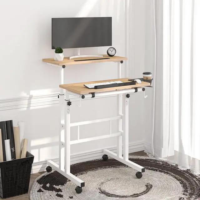 Alt view image 4 of 7 - Small Standing Desk with Removable Cup Holder, Height Adjustable Mobile Laptop Stand on Wheels, Ergonomic Rolling Computer Workstation for Home Office, Portable Overbed Table for Couch & Bed, Khaki