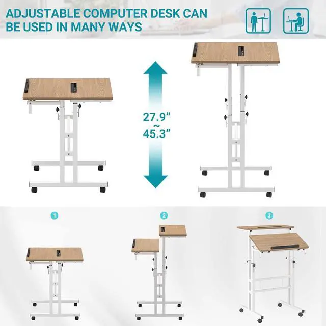 Alt view image 3 of 7 - Small Standing Desk with Removable Cup Holder, Height Adjustable Mobile Laptop Stand on Wheels, Ergonomic Rolling Computer Workstation for Home Office, Portable Overbed Table for Couch & Bed, Khaki