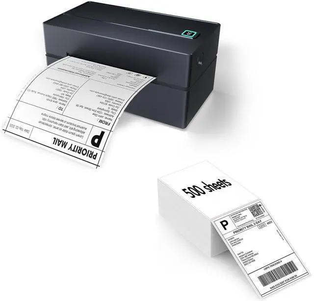 Main image of Bluetooth Thermal Shipping Label Printer (Black) + Thermal Direct Shipping Labels (Pack of 500 Fan-Fold Labels)