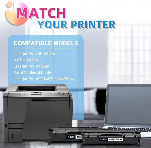 Alt view image 2 of 7 - 80X CF280X High Yield Toner Cartridge (Black, 2-Pack) | Compatible 80X CF280X Black Toner Replacement for HP LaserPro 400 M401n M401dn MFP M425dn M401dne M401dw M425dw M425 Printer