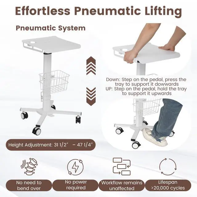 Alt view image 3 of 7 - Mobile Laptop Cart on Wheels, Adjustable Height Mobile Laptop Cart with Pneumatic Lifting(31.5" - 47.25"), Storage Basket, Cup Holder, Cable Management for Home, Office and Salon, Cold-Rolled Steel
