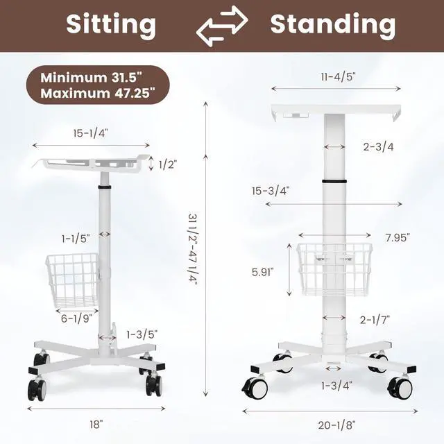 Alt view image 2 of 7 - Mobile Laptop Cart on Wheels, Adjustable Height Mobile Laptop Cart with Pneumatic Lifting(31.5" - 47.25"), Storage Basket, Cup Holder, Cable Management for Home, Office and Salon, Cold-Rolled Steel