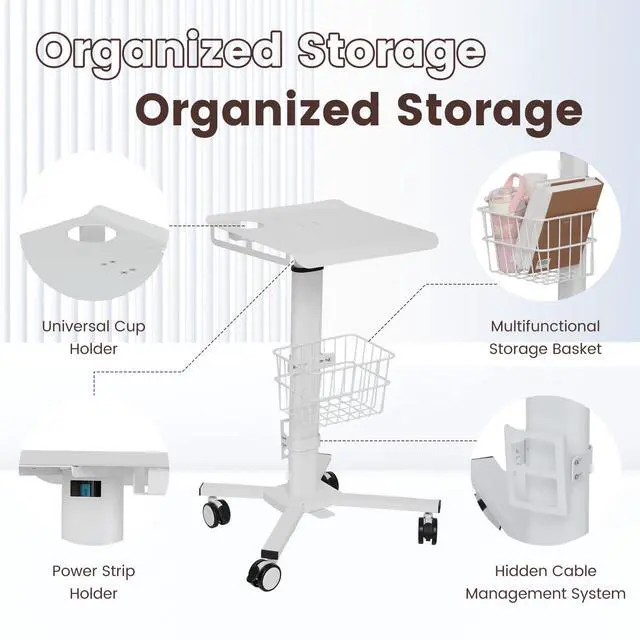 Alt view image 6 of 7 - Mobile Laptop Cart on Wheels, Adjustable Height Mobile Laptop Cart with Pneumatic Lifting(31.5" - 47.25"), Storage Basket, Cup Holder, Cable Management for Home, Office and Salon, Cold-Rolled Steel