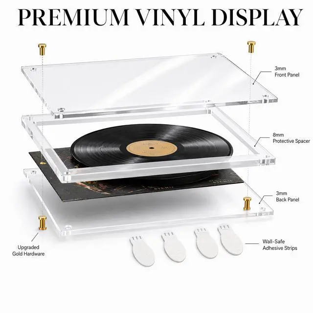 Alt view image 3 of 6 - 3Pack Clear Acrylic Vinyl Record Album Display Frame for Double LPs | Self Adhesive Wall Mount Display Holder, No Drill Frameless 12.5x12.5 Gatefold Music Album Cover Frame for Wall Art Decor
