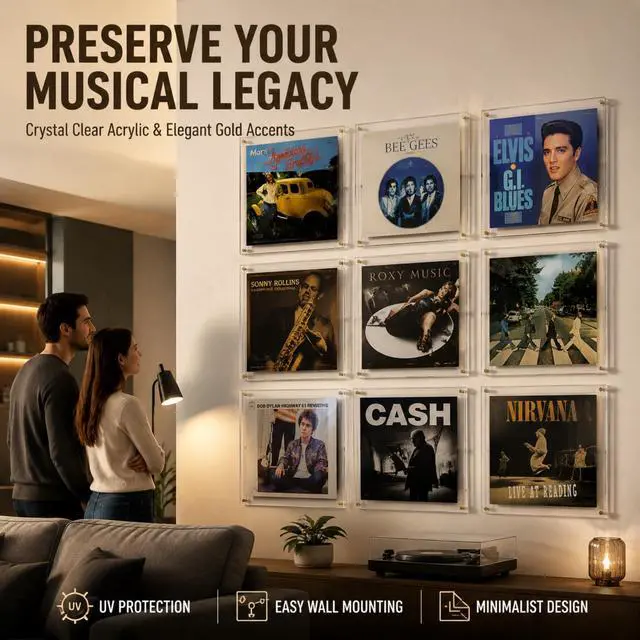 Alt view image 5 of 6 - 3Pack Clear Acrylic Vinyl Record Album Display Frame for Double LPs | Self Adhesive Wall Mount Display Holder, No Drill Frameless 12.5x12.5 Gatefold Music Album Cover Frame for Wall Art Decor