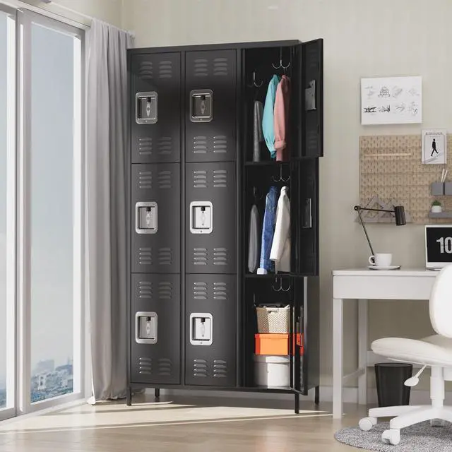 Alt view image 2 of 7 - Metal Storage Locker with 9 Doors, Metal Locker for Employees with 18 Hooks for Garage School Office Gym Home, Assembly Required, Black | for Garage School Office Gym Home